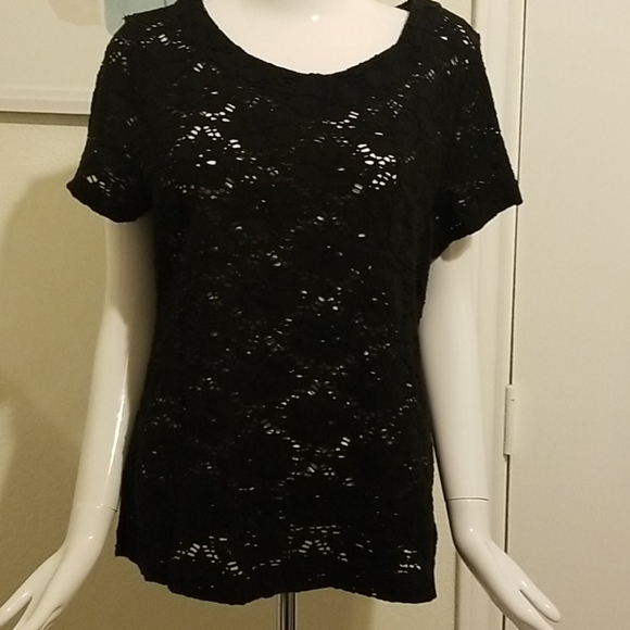 Chaus black lace cutout short sleeves top sz Large, EUC - Picture 2 of 9
